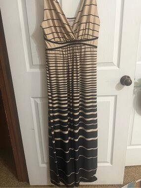 Metaphor Beige and Black Striped Wrap-Front Maxi Dress